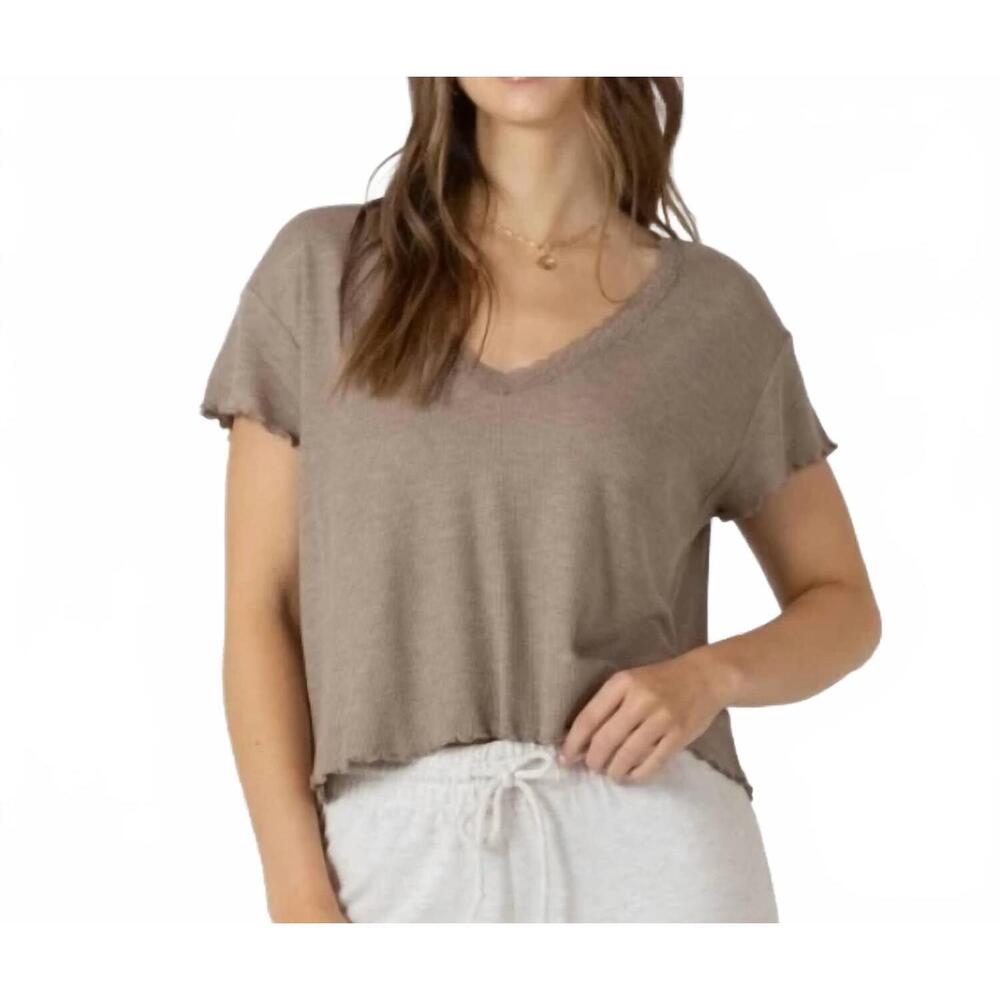 NEW DEX lace trim waffle top in mocha heather